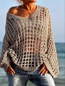 Women's V-Neck Casual Top, Hollow Out Design, 100% Polyester, Knit Fabric, Knitwear, Hand Washable, All Seasons, Loose-Fitting