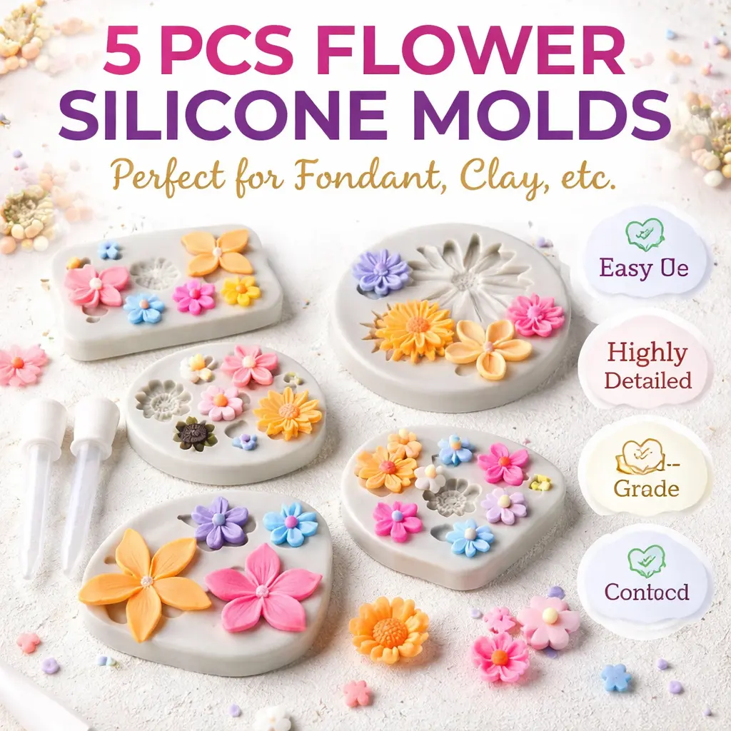 5-Pack Silicone Flower Fondant Molds – Non-Stick Daisy & Sunflower Molds for Cake Decorating, Cupcake Toppers & Chocolate Making