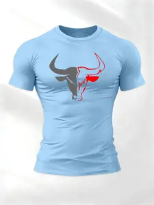 Men's and Block Bull Graphic Print T-Shirt, American Style Athletic Short Sleeve for Fitness and Daily Wear, Loose-Fitting Casual Streetwear Top