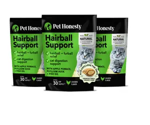 Pet Honesty Hairball Support Supplement for Cats 3-Pack, Tasty Treats with Psyllium Husk and Fish Oil for Healthy Skin + Coat and Digestive Health - Chicken