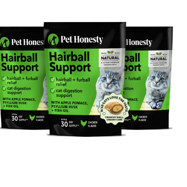 Pet Honesty Hairball Support Supplement for Cats 3-Pack, Tasty Treats with Psyllium Husk and Fish Oil for Healthy Skin + Coat and Digestive Health - Chicken