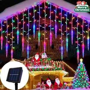 1 Outdoor Solar Icicle Light Party Light, Outdoor Decorative Light - 8 Modes Curtain Fairy Lights, Icicle Curtain String Lights for Outdoor Eaves Decoration, Solar Waterfall Icicle Lights Perfect for Parties, Christmas, Halloween Decorations