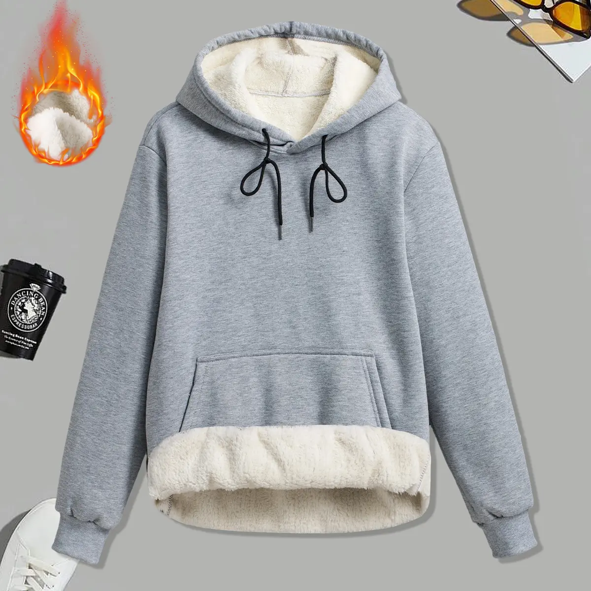 Women’s fleece hoodie, solid color, kangaroo pocket, fleece-lined and thick, suitable for outdoor sports, running, and casual wear; women’s sweatshirt, hooded sweatshirt, women’s top, womenswear
