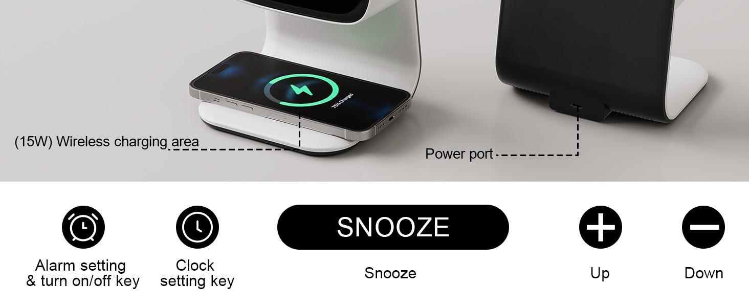 Digital alarm clock with wireless fast charging station, bedside touch smart light, 3-color night light adjustment