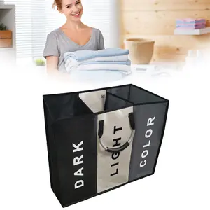 Laundry Basket Large Blanket Storage Basket Sorter 3 Section Hamper Washing Storage Basket Bag, Folding Hamper Cloth Organizer Durable Laundry Basket for Bathroom Home with Carrying Handle