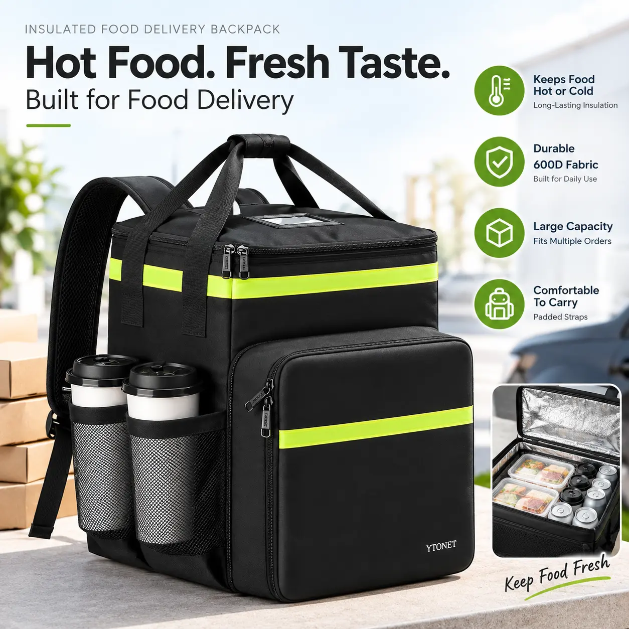 Insulated Food Delivery Backpack with Cup Holder, 600D Polyester Expandable Cooler Bag with Zipper for Hot & Cold Pizza, Meal Delivery