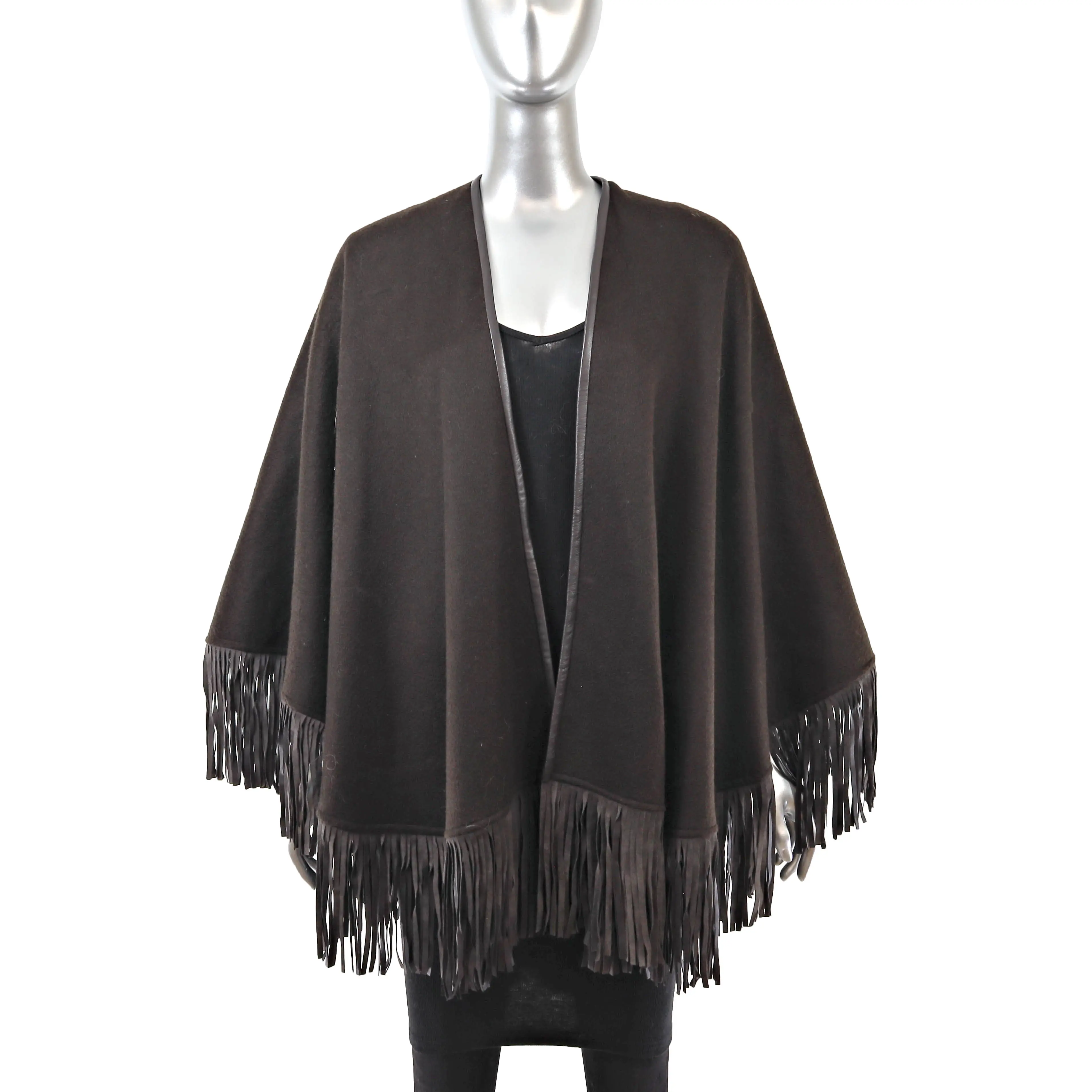 Brown Cashmere Cape with Leather Trim and Fringes- Size Free