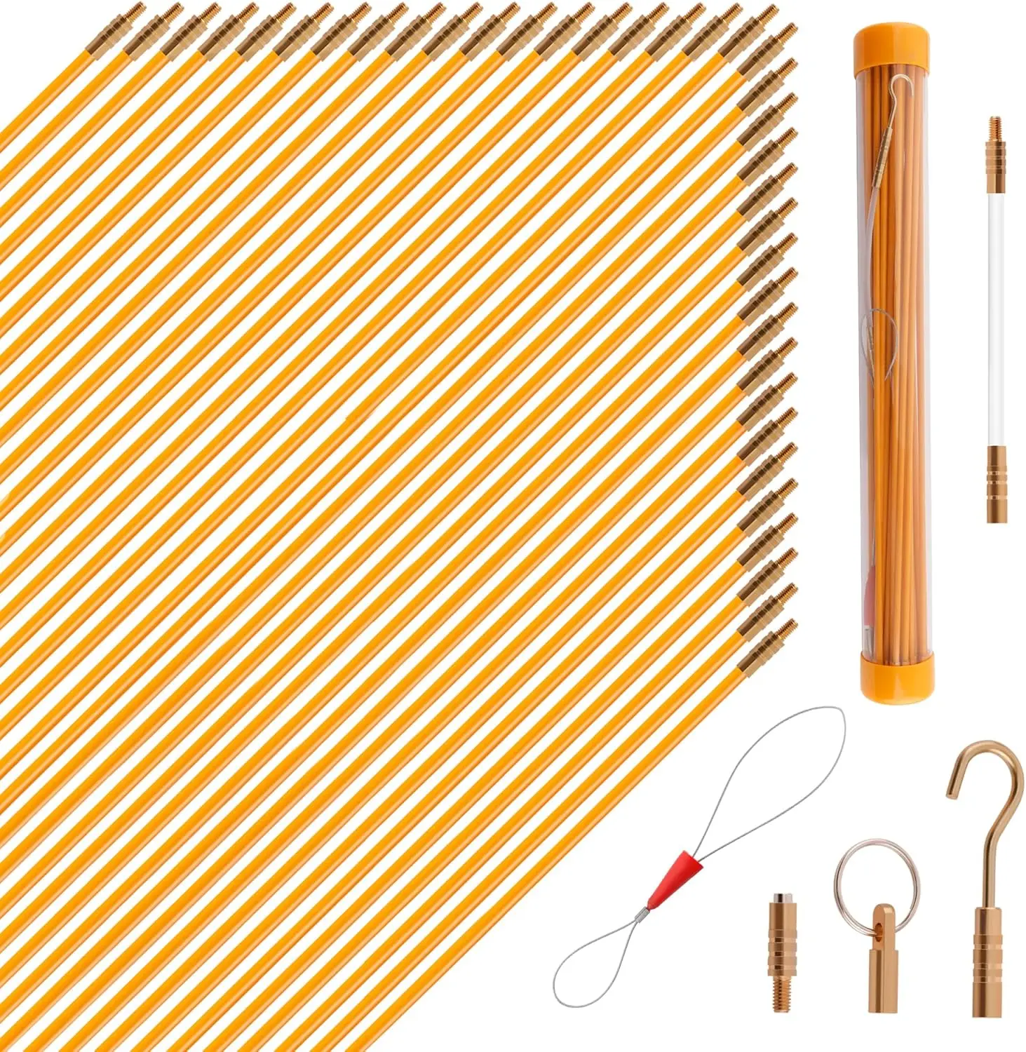 50FT Fiberglass Running Electrical Wire  Glow Rods Wire Pulling Tools Fish Tape Wire Puller Through Wall Snake for Wires  Fishing Rod Kit with Different Attachments