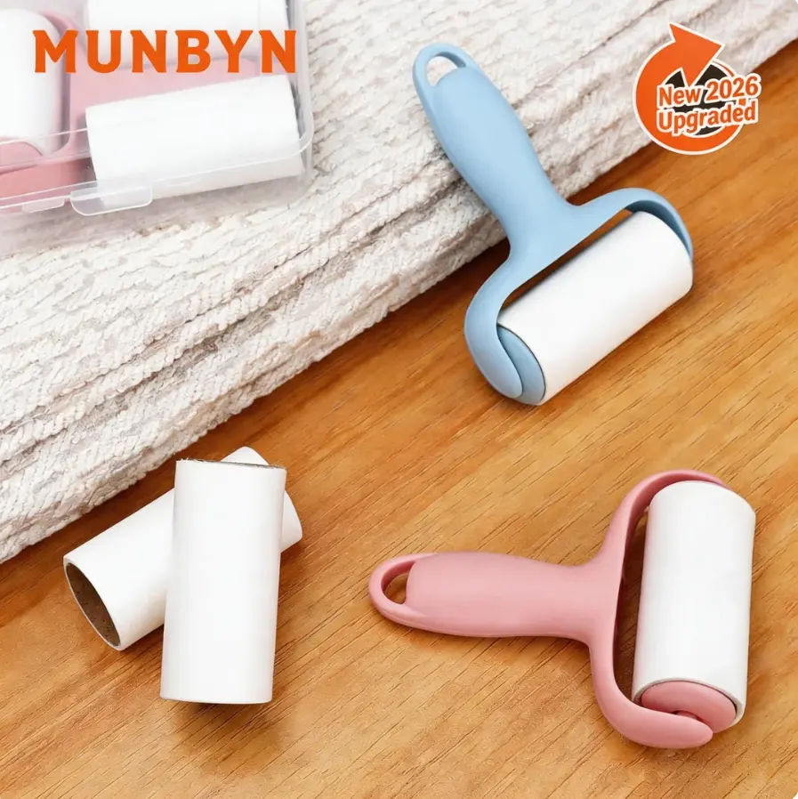 MUNBYN Portable Sticky Surface Lint Roller for Pet Hair 2 Refills Reusable Long Handle Lint Remover for Clothes, Furniture, Dog & Cat Hair Extra Sticky Lint Remover