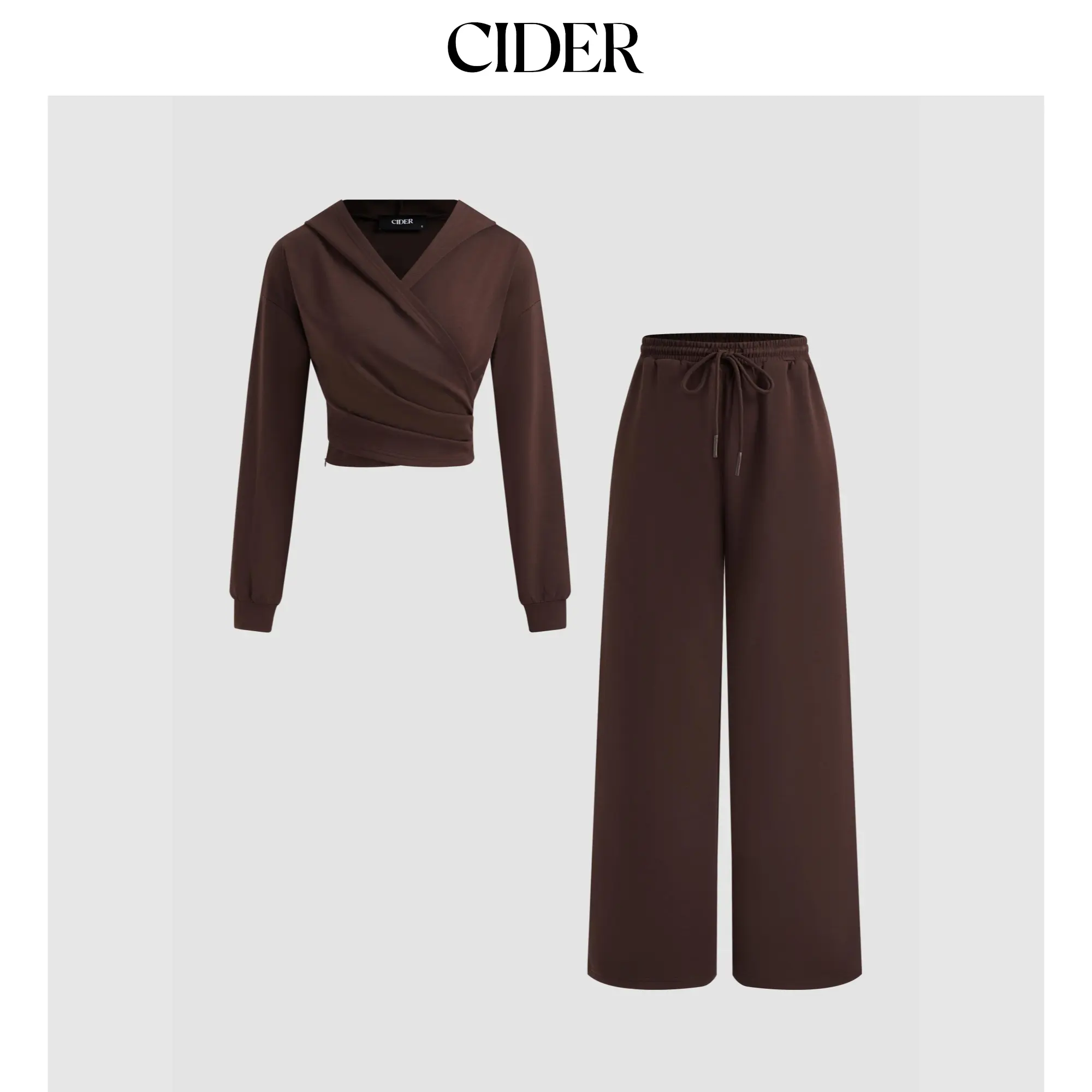 Cider [3 colors, size 0-26] Cotton-blend Solid Ruched Hoodie & Mid Rise Elastic Waist Knotted Straight Leg Trousers Set