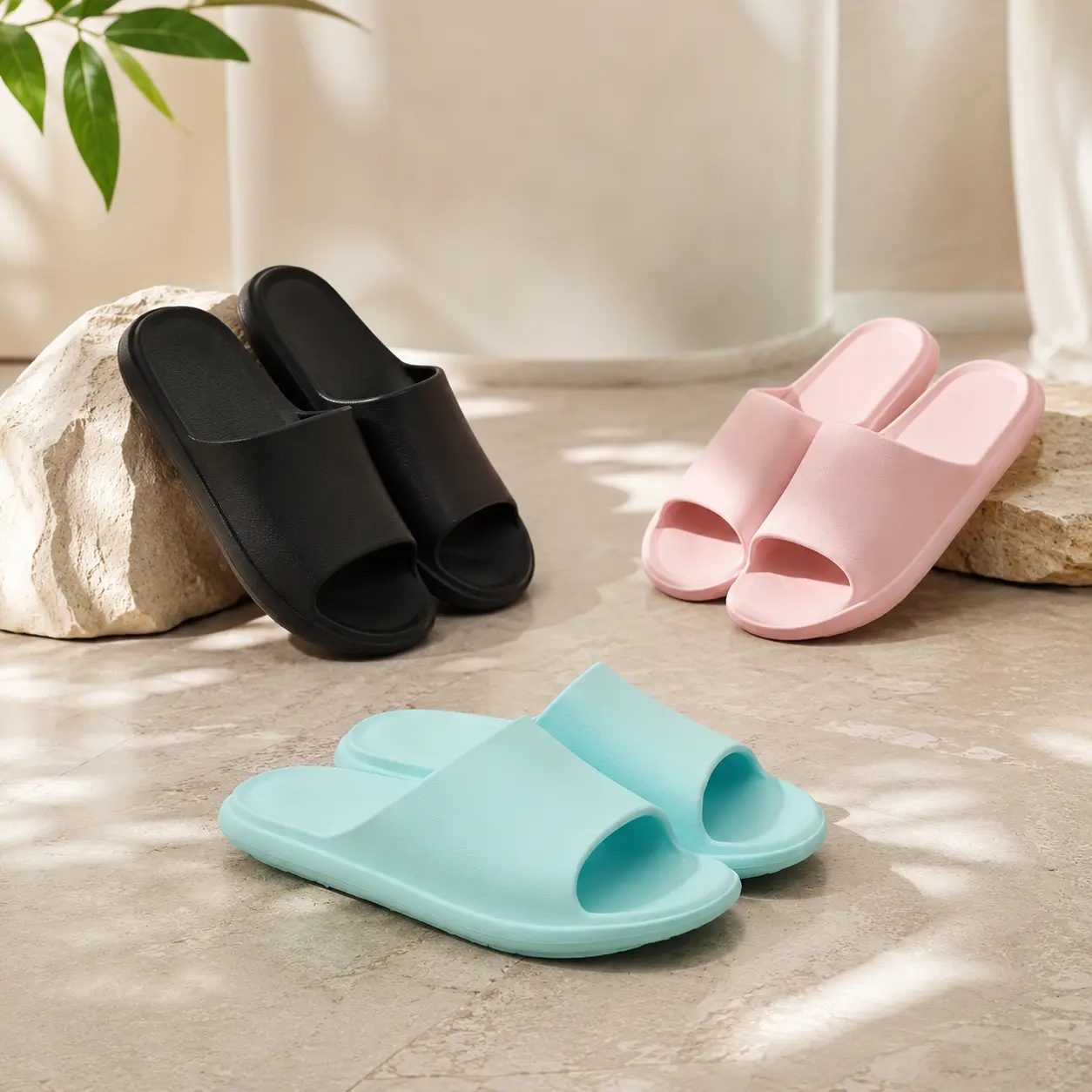 Ladies All Season Open Toe House Slides, Solid Color Soft Cushion Non-Slip Indoor Bathroom Slippers