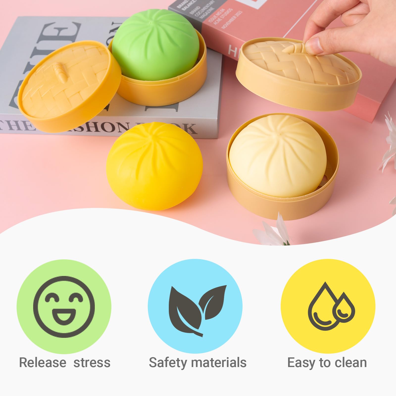 Dumpling squishy toys, Cute Anxiety Relief Fidget Toy, with Steamer Box,Soft Squeeze Decompression Dough for Adults