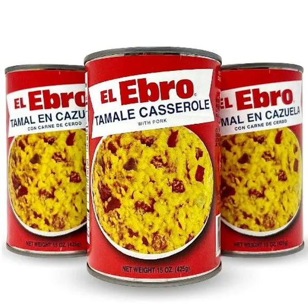 El Ebro Cuban-Style Seasoned Canned Traditional Pork Tamales in Cazuela, 15 oz Each, Ambient Pack of 3, Instant Spoonable Cupboard Pantry Food