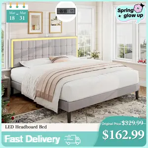 VanAcc Bed Frame with LED Headboard, Linen Button Tufted Upholstered Platform Bed with USB Charging Station, Strong Wooden Slats Support