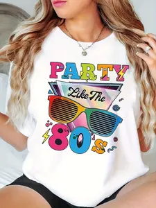 Women's Vintage 80s Neon Print T-Shirt - White 80s Party Outfit with Short Sleeve Round Neck, Top for 80s Theme Parties, Machine Washable Casual Wear & Retro Costume Accessory (Neon Style)