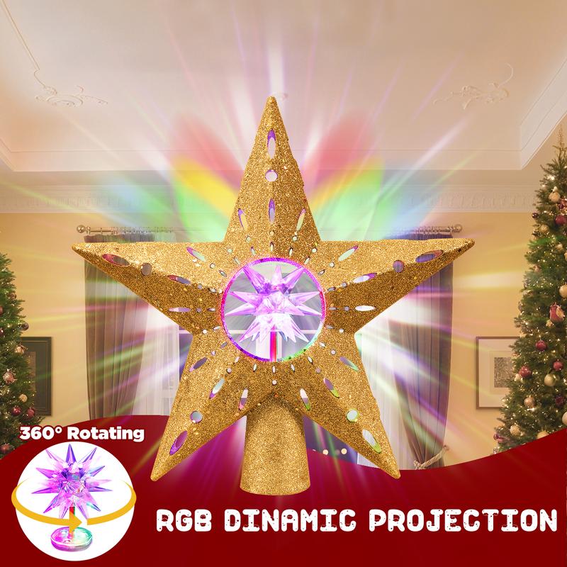 Golden Rotating Christmas Tree Topper with RGB LED Lights, 360° Spinning Diamond & Projection, Festive Tree Decoration with Power, Christmas Tree Topper with Lights, Christmas Decorations for Home Indoor, Candyland Christmas Tree Decorations