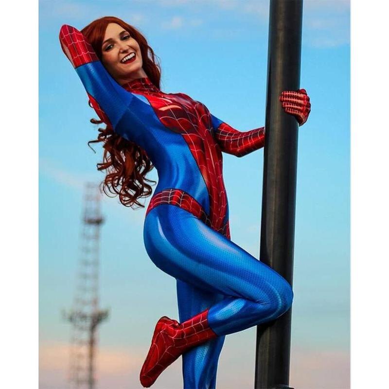 Halloween Superhero Costume Spider Women Black Red Full Bodysuit Cosplay Girl  Catsuit Jumpsuit