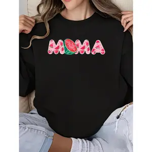 Women's Funny Watermelon Mama First Birthday Crew Neck Long Sleeve Sweatshirt Cute Mom Graphic Print Casual Comfy Top for Women Girls Gift Idea