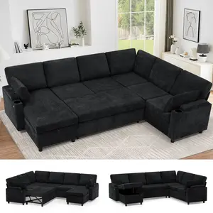 ACMEASE 110” Chenille Reversible Sectional Sofa w/Pull Out Bed & Storage Chaise, U Shaped Couch w/Storage Armrests & Cup Holders,Corner Sofa w/USB Charging Port & Throw Pillow for Living Room