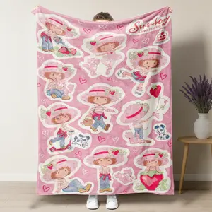 Strawberry Shortcake Cute Character Collage Fleece Blanket – Retro Pink Strawberry Themed Plush Throw, Perfect for Nostalgic Cartoon Fans, Ideal for Kids Bedroom