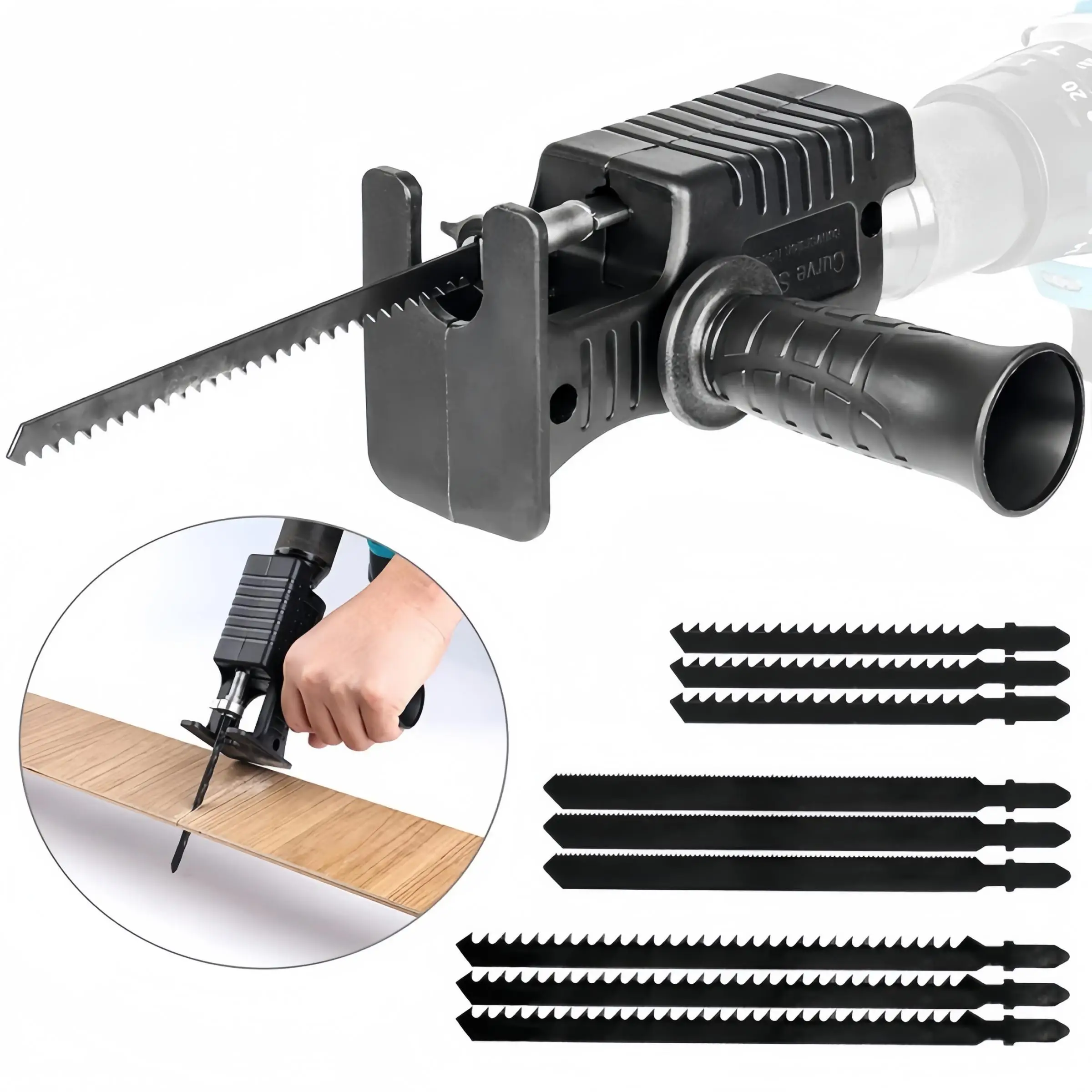 Electric Drill Modified Reciprocating Saw Adapter, Electric Drill Accessories with 3 Saw Blades, Hand Tool for Woodworking, Household, Garden
