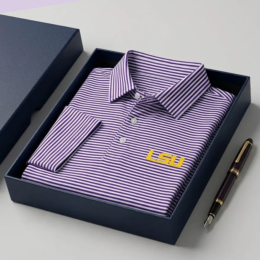 VIRAL HOT TREND 2026 Unisex Purple Fine Striped Golf Polo Shirt Short Sleeve Stretch Athletic Collared Shirt for Men Women Tennis Outdoor Sports with Yellow Embroidered Letter L, Yellow Embroidered Letter S and Yellow Embroidered Letter U