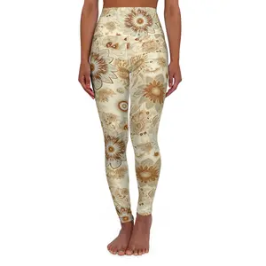 Beige Boho Floral Sunflower Leggings High Waisted Yoga Leggings | Boho Floral Pattern