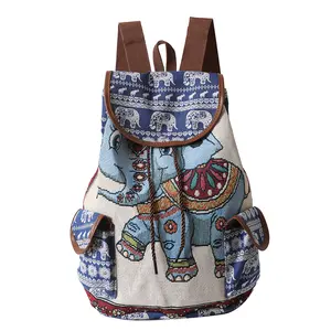 2026 New Elephant Embroidery Print Women's Linen Backpack Ethnic Style Cute Jacquard Embroidered Casual Backpack