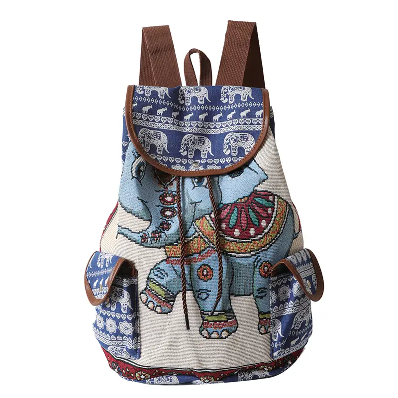 2026 New Elephant Embroidery Print Women's Linen Backpack Ethnic Style Cute Jacquard Embroidered Casual Backpack