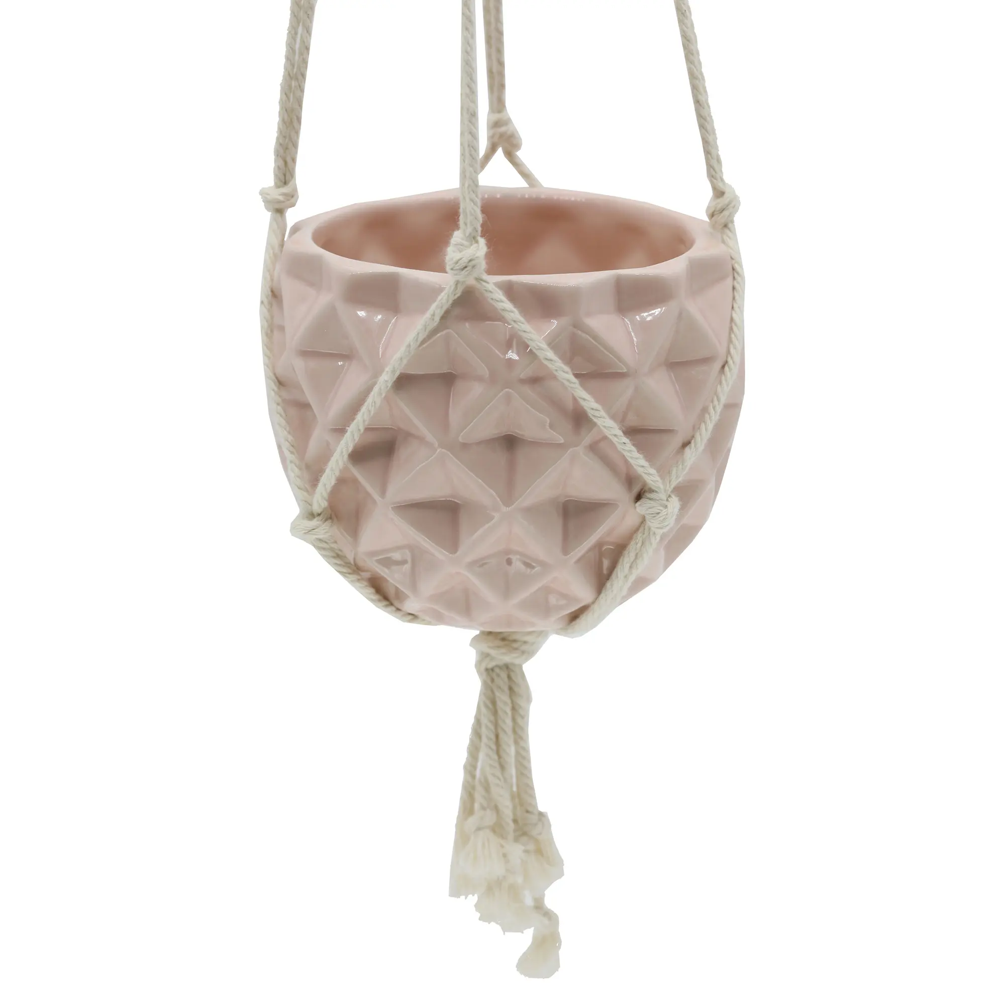 5'' x 4" Ceramic Macrame Hanging Planter Gloss Pink Geometric Patterns Modern Style Home Decor