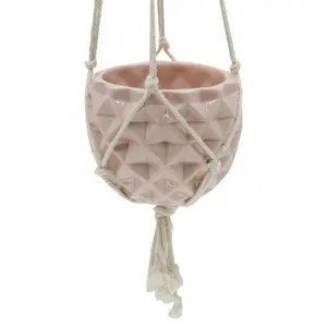 5'' x 4" Ceramic Macrame Hanging Planter Gloss Pink Geometric Patterns Modern Style Home Decor