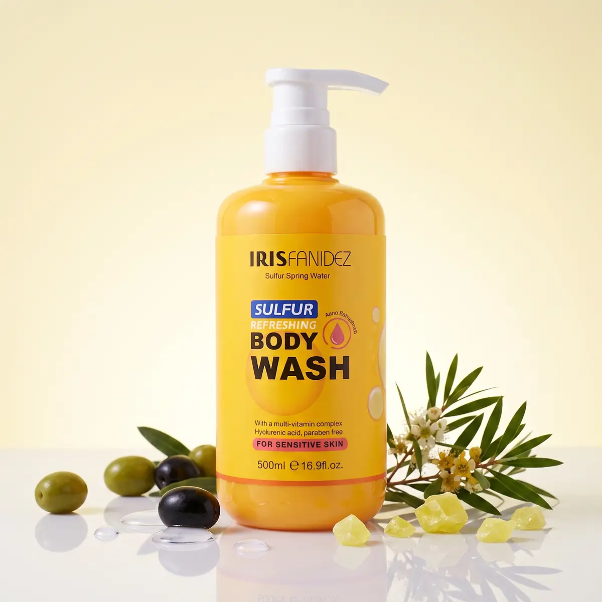 IRISfanidez Sulfur Body Wash for Back Acne & Dry Skin, Soothing Thermal Spring Water & Hyaluronic Acid, Gentle Exfoliating Body Cleanser for Sensitive Skin (1 or 2 Pack Value)