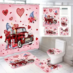 1/4pcsValentine'S Day Bathroom Set - Pink Red Hearts Truck Gnomes Shower Curtain Sets + Bath Mat + Toilet Lid Cover + Sink Mat - Whimsical Romantic Plaid Truck Love Bow Design - Festive Valentine'S Decor for Home, Perfect Gift