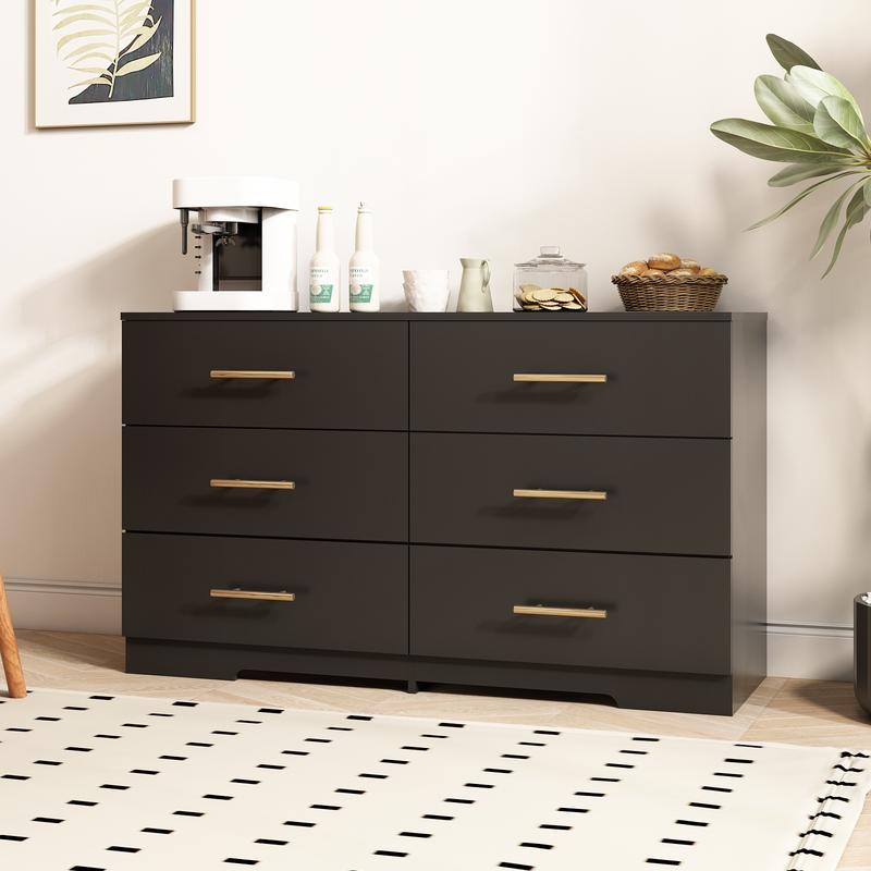 6 Drawer Dresser with Gold Handles for Bedroom, Modern Wide Chest of Drawers with Sturdy Frame for Living Room, TV Stand with Drawers Storage Cabinet Furniture for Closet Beside Living Room,Black Aesthetic Interior