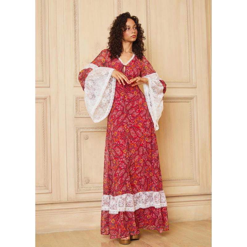 GUNNE SAX by ModCloth Josephina Bell Sleeve Maxi Dress - Limited Edition - Red Paisley Print (XS-4X)