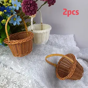 2 pieces of mini hand basket rattan woven basket model, doll house rattan wall hanging basket model