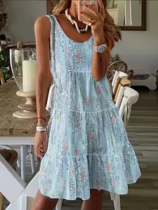 Spring Summer New Floral Print Dress, Round Neck Sleeveless, Loose Fit Hip Coverage, Casual Streetwear Commute, Sweet Girl Versatile Midi Dress, Everyday
