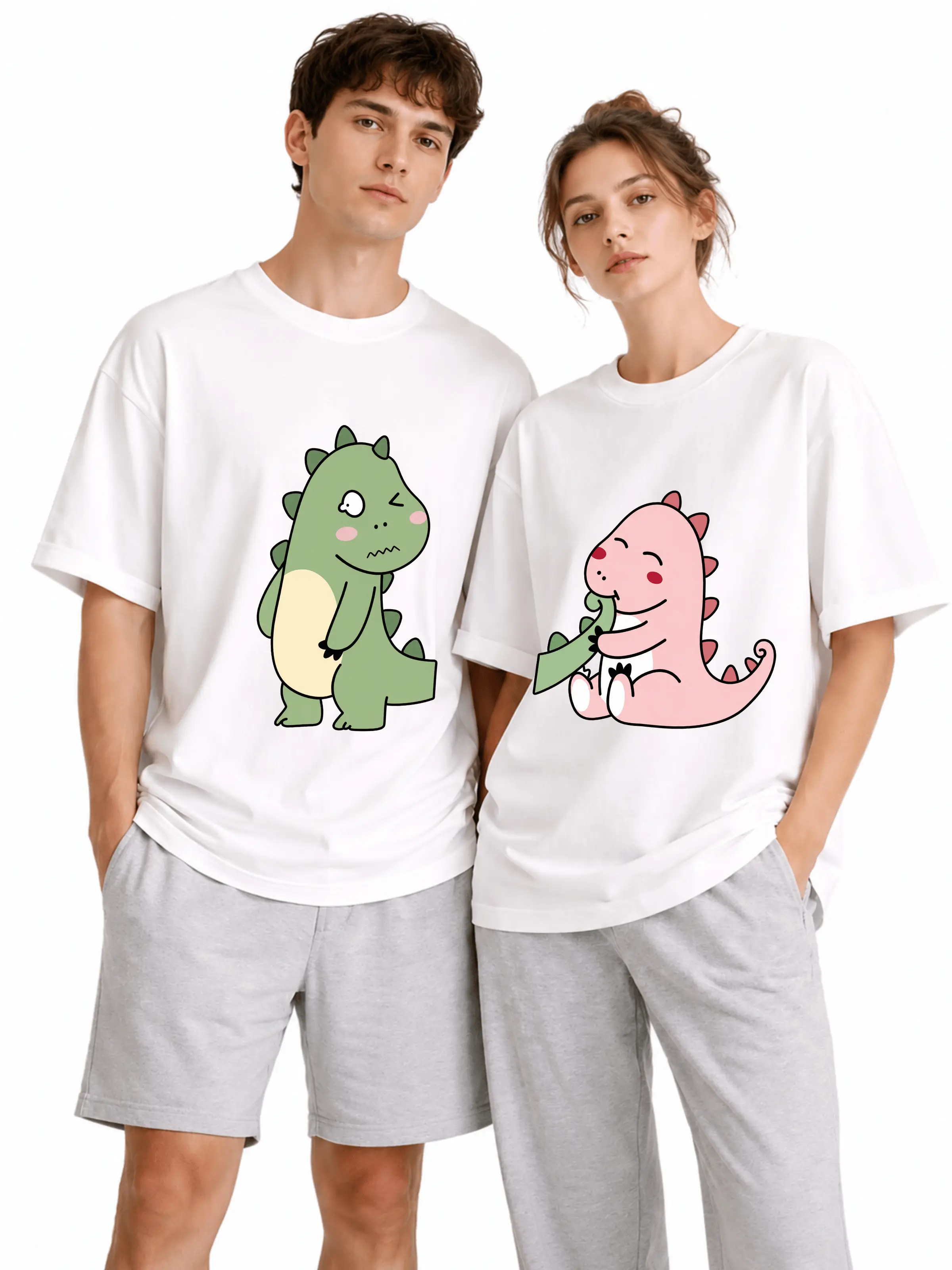Cute Dinosaur Matching Couple T-Shirt, Funny His and Hers Dino Graphic Tee, Kawaii Cartoon Couple Shirts, Boyfriend Girlfriend Matching Gift, Unisex Cotton T-Shirt