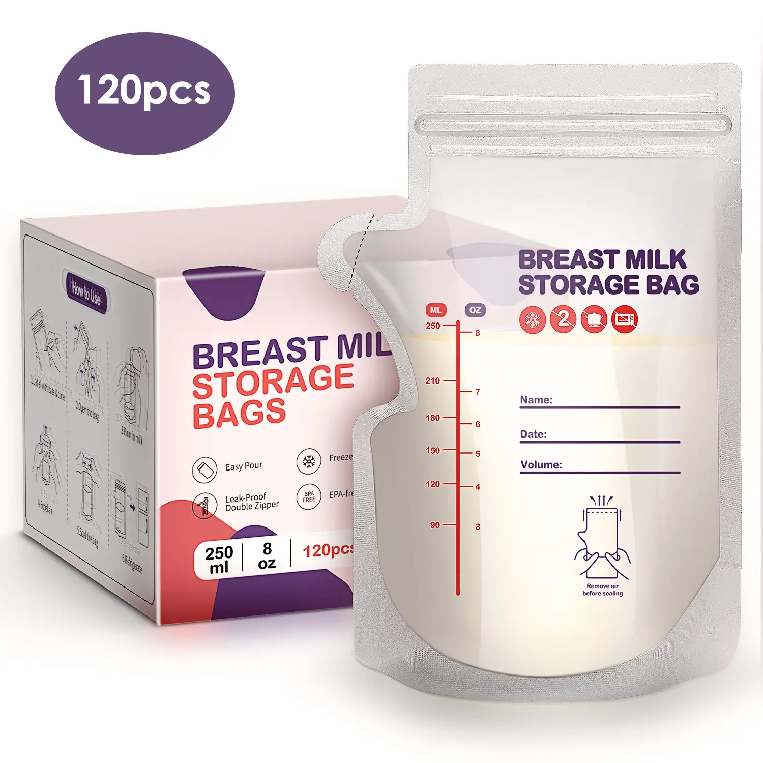 BPA-Free Breastmilk Storage Bags - 60 Pcs, 8 Ounce, Self-Standing with Pour Spout, Space-Saving Flat Profile, Ideal for Convenient Breastfeeding and M
