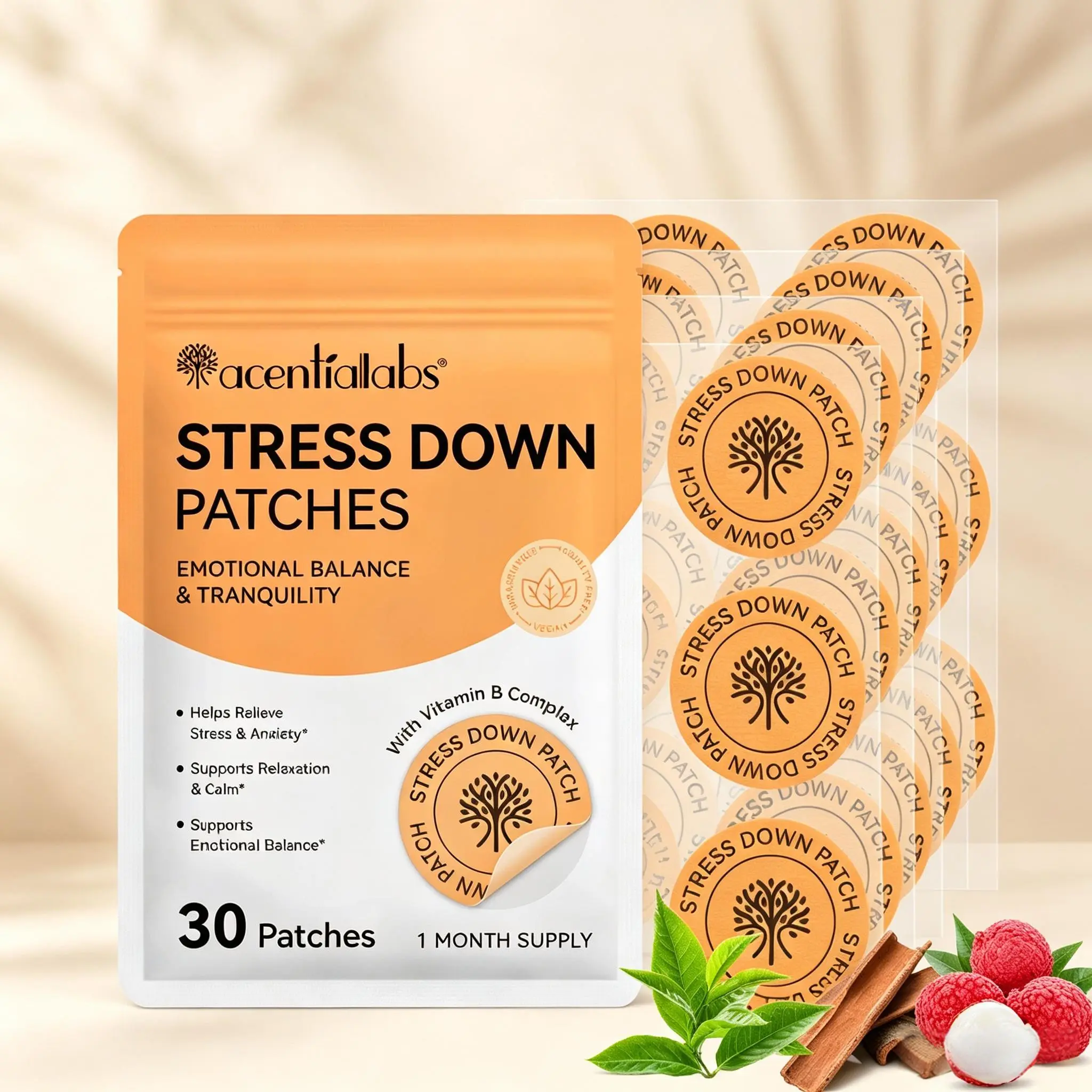 Acentiallabs Stress Relief Patches 30pcs, Vitamin B Complex Transdermal Absorption, Alleviates Anxiety, Supports Emotional Balance, Natural Plant Extracts