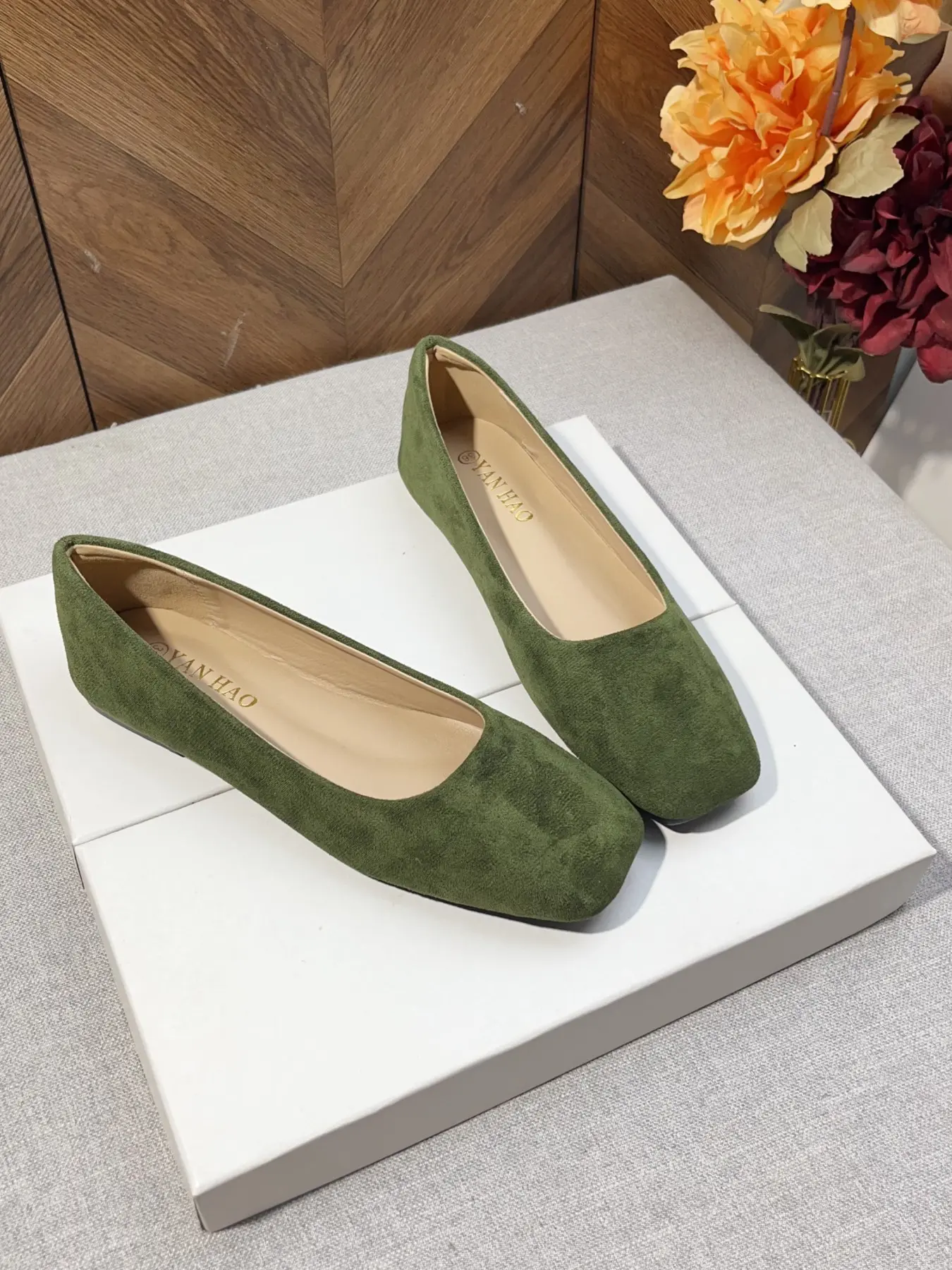 Women's Square Toe Ballet Flats, Slip On Flats, Vintage Olive /vibrant, Comfortable Soft Rubber Sole, All-Season Casual Dress Shoes, Everyday Wear Footwear