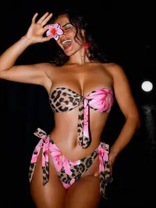 2pcs Women's Summer Beach Leopard Print & Floral Tie Back Bandeau Swimsuit Bikini Sets