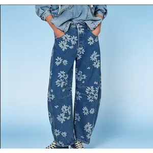 Women's Simple Floral Jeans Loose Wide-Leg Jeans Boyfriend Style Printed Stitching Jeans