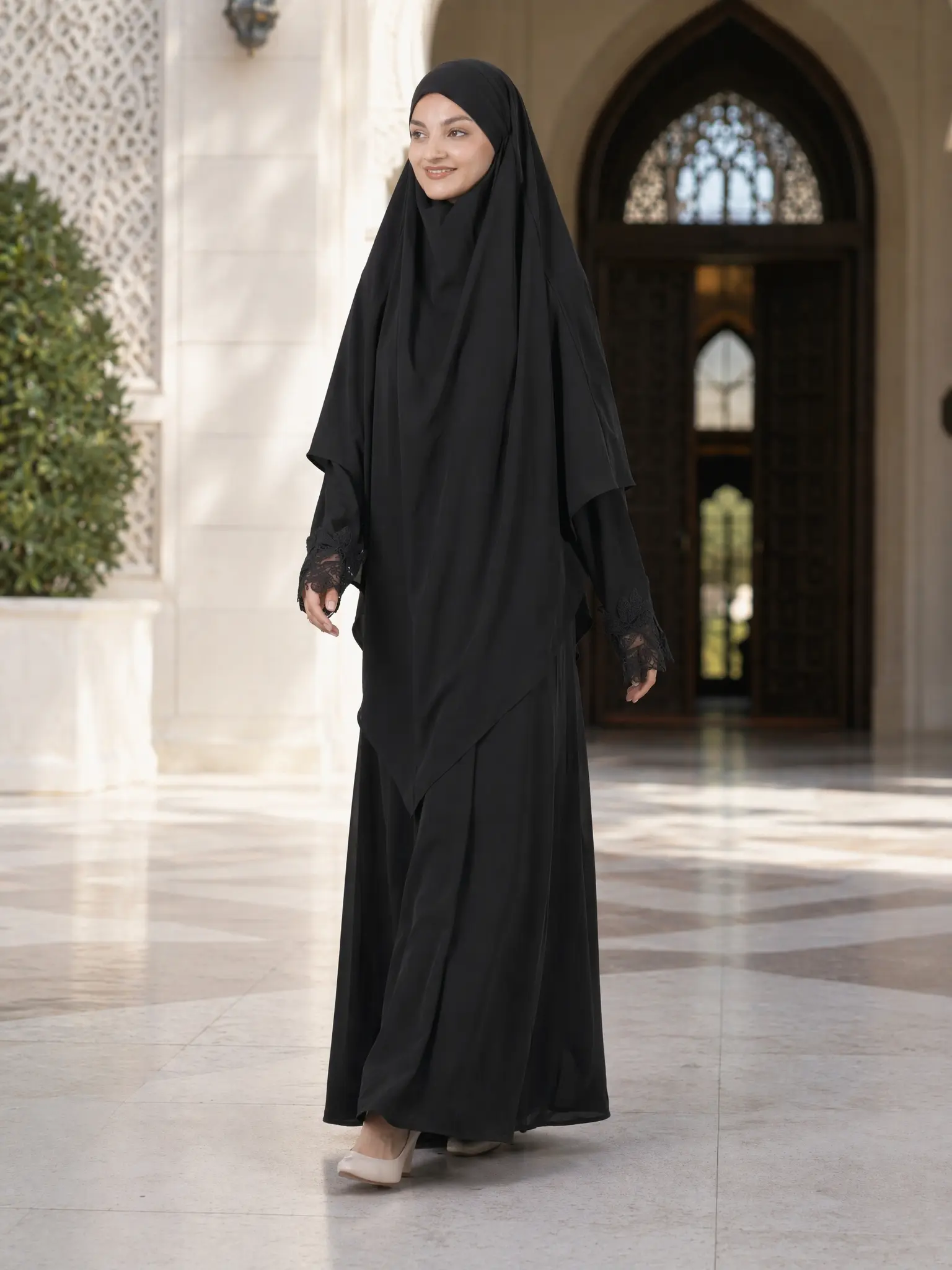 Women's Muslim Khimar Prayer Set - Long Sleeve Modesty Abaya with Lace Cuffs, Lightweight Islamic Clothing for Ramadan Salah, Women's Clothes, For Muslim, Hijabi Fashion, Full Coverage, Loose, Holiday, Comfortable For Daily Salah, Easy To Wear