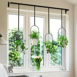 1set Metal Adjustable Hanging Planters, Floating Plant Hangers, with 4 Plastic Pots, Rail for Indoor Window & Ceiling Herb Garden, Wall Plant Hanger with Nylon Cords, 11.8"-18.1" Expandable Cabinet Drawers for Pot and Pan, Slide Out Storage Rack, Black