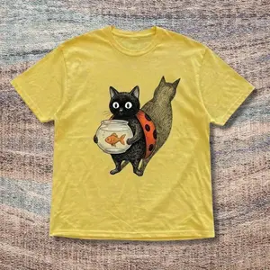 Cute Yellow And Black Cat And Fish Baby Tee – Y2K Vintage Cartoon Aesthetic Top