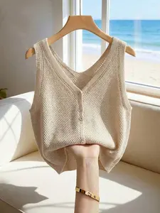 New Summer French Casual Knit Vest, Single-Breasted Button, Hollow Knit Texture, Soft Atmosphere, Commute/Workwear Layering Design, Sophisticated V-Neck, Sleeveless Knit Cardigan In Soft Beige Sleeveless Sweater Sweater Vests Women Knitted Tops For Women