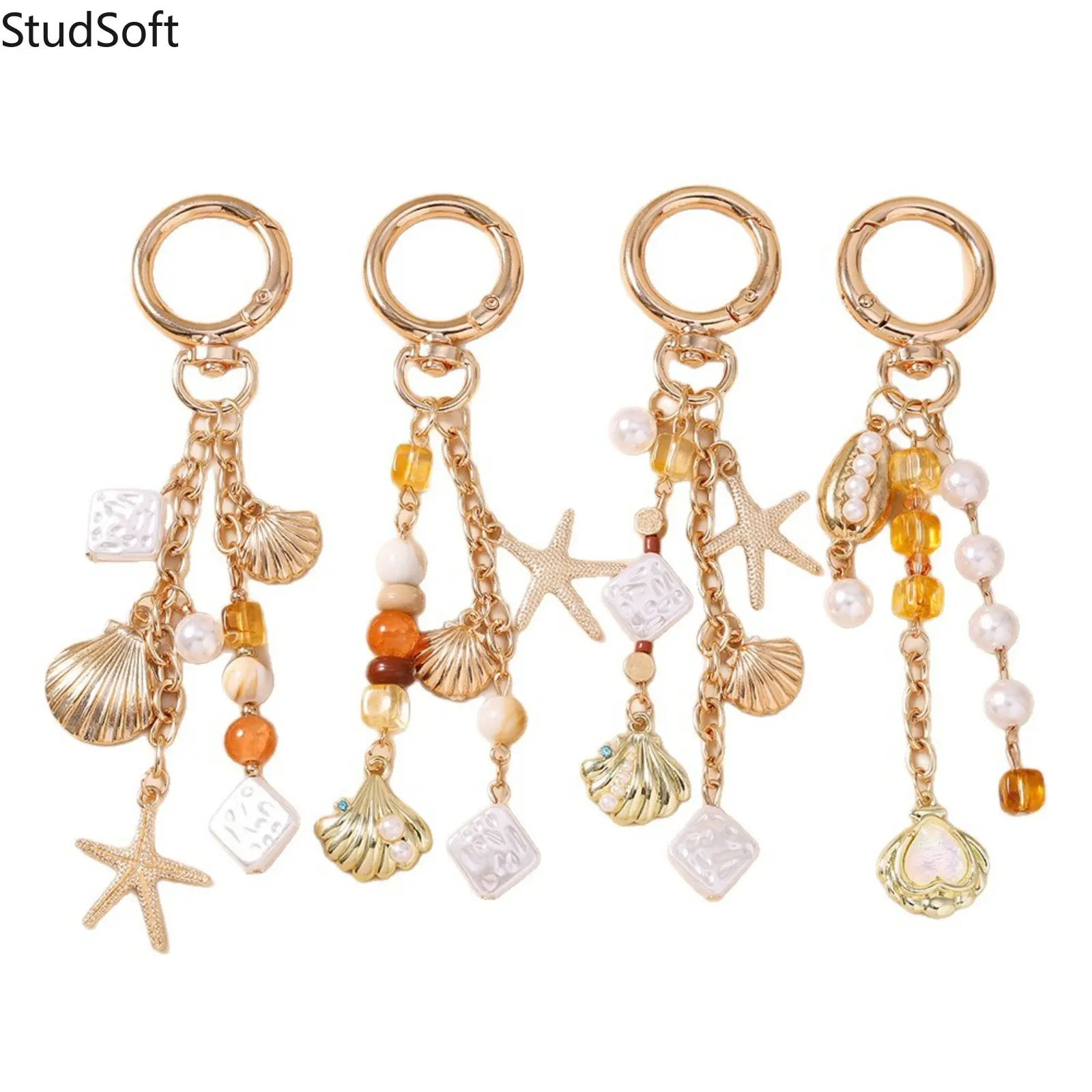 Beaded Keychain Set - New Pearl, Seashell, Starfish Beach Charms, Sport & Outdoor Luggage, Bag Accessory Key Fob