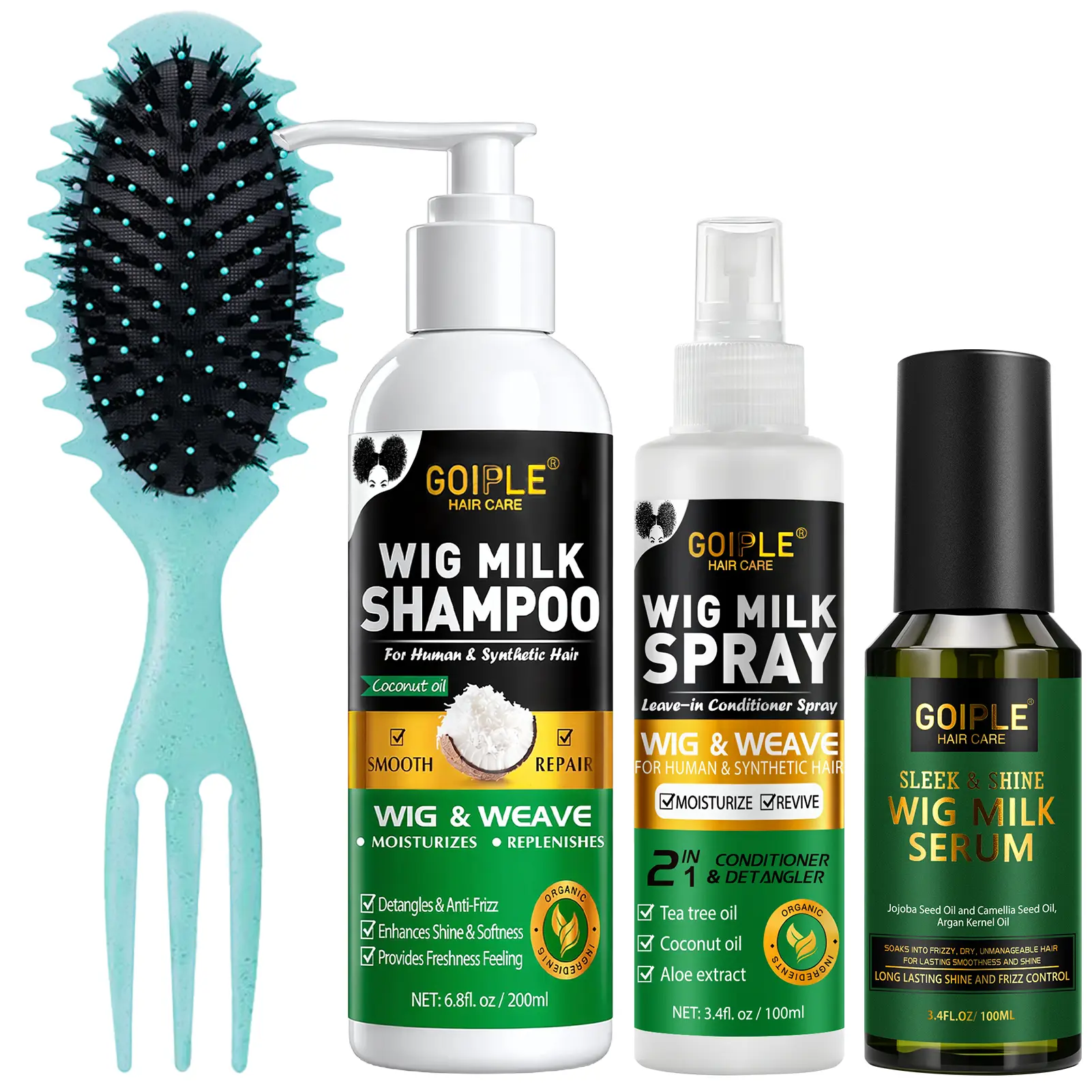 4‑Counts Wig Care Kit For Human & Synthetic Wig, Wig Milk Spray Wig Milk Shampoo Detangle Anti‑Frizz Wig Shampoo Spray Serum With Brush