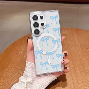 Magnetic for Samsung S22/23/24/25/PLUS/ULTRA/FE  phone casing Case, Bow Case Compatible with MagSafe, Wireless Slim Clear Ribbon Aesthetic Phone Case Anti-Yellowing Shockproof Protective Cover for Women Girl - Pink Shell Transparent Protection Protector